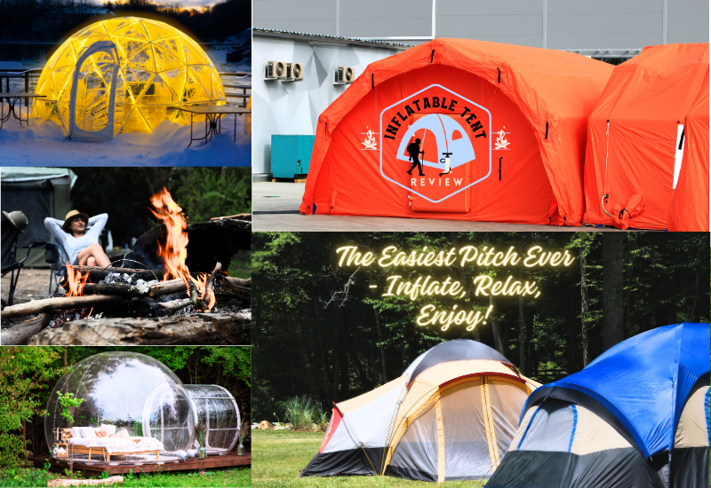 Different types of Inflatable tents with caption - Inflate, Relax, Enjoy!