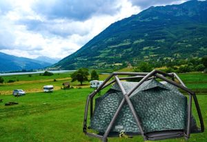 Heimplanet Cave Inflatable Geodesic Tent on a camping ground