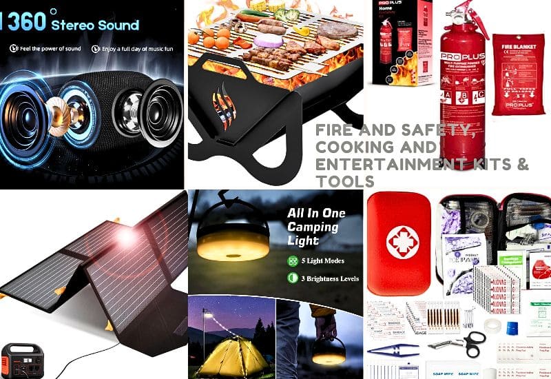 Tent Accessories: Bluetooth speakers, Grill fire BBQ set, Fire safety kits, Solar power equipment, Camping light and First aid kits.