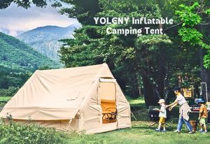 YOLENY inflatable camping tent house and mother with the kids at a camping site