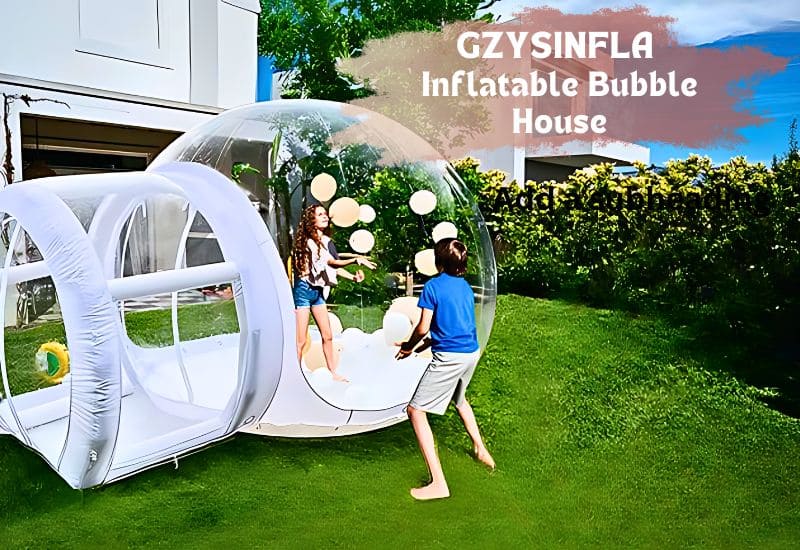 Children playing at the backyard with a GZYSINFLA Bubble House inflated and installed.