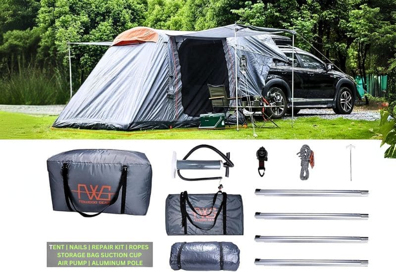 Inflatable SUV Tent, Nails, Repair Kit, Ropes, Storage bag, Suction cup, Air pump etc