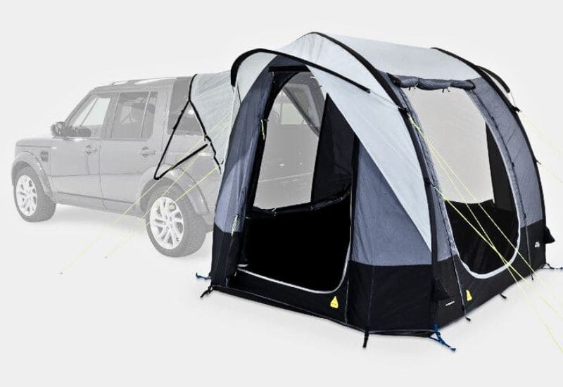 Inflatable SUV tent with rigged Guy-lines in grey scale