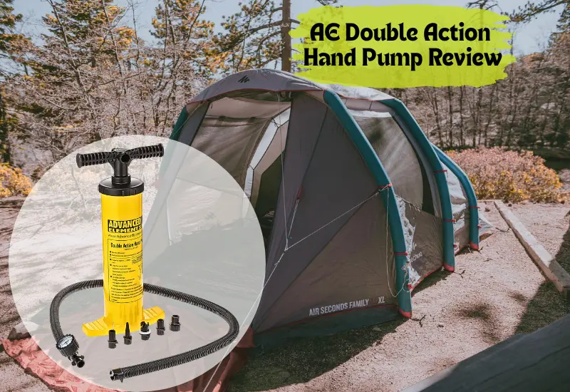 Advanced Elements Double Action Hand Pump on an Inflatable tent background.