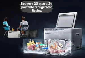 Bougerv 23 quart 12v portable refrigerator with frozen food stuff and a couple having a cool time