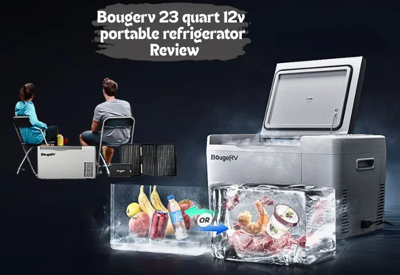 Bougerv 23 quart 12v portable refrigerator with frozen food stuff and a couple having a cool time