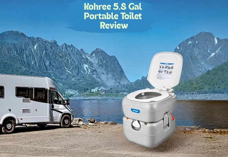 Kohree 5.8 Gal Portable Toilet superimposed on a mountainous lake site background