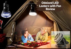 Camping couple using Odoland Lantern with Fan to illuminate the tent space