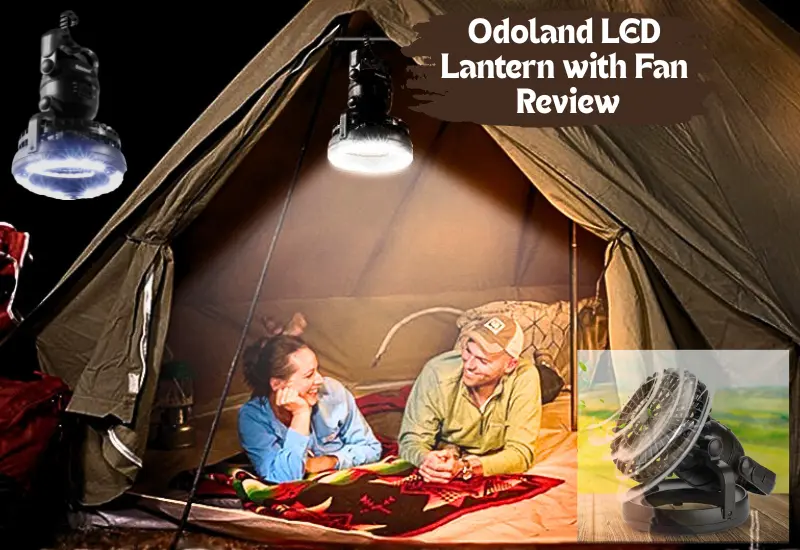 Camping couple using Odoland Lantern with Fan to illuminate the tent space