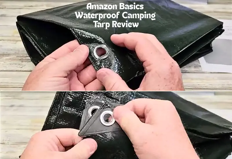 Amazon Basics Waterproof Camping Tarp showing close view of the corners and metal grommets